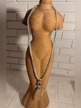 Vintage Silver Mesh Chain Amber Yellow Crystal Octagon Pendant Tassel Necklace